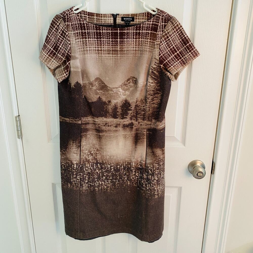 Worth New York Dress Women Size 6 Brown Landscape Art to Wear Nature Mountain